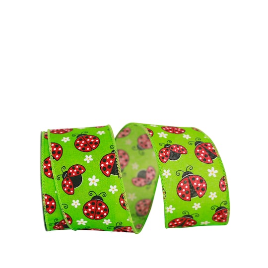 JAM Paper 2.5&#x22; Faux Linen Wired Apple Green Ladybug Ribbon